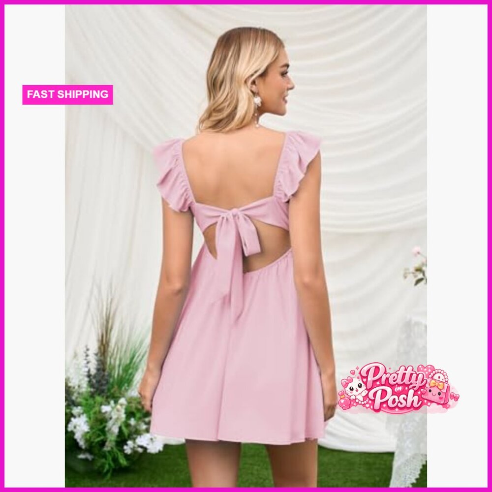 Polyester Elastane V-Neck Backless Ruffle Bow Tie… - image 5